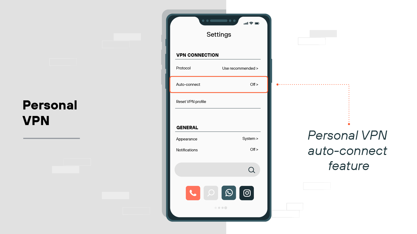 An image labeled Personal VPN shows a smartphone screen displaying the settings menu for a VPN application. Under the VPN CONNECTION section, there are two options: Protocol, which is set to Use recommended, and Auto-connect, which is currently toggled off. Below that is the option to Reset VPN profile. The GENERAL section includes options for Appearance, set to System, and Notifications, which are also toggled off. A red dotted line points to the Auto-connect option, with a label on the right side of the image that reads Personal VPN auto-connect feature. An image labeled Personal VPN shows a smartphone screen displaying the settings menu for a VPN application. Under the VPN CONNECTION section, there are two options: Protocol, which is set to Use recommended, and Auto-connect, which is currently toggled off. Below that is the option to Reset VPN profile. The GENERAL section includes options for Appearance, set to System, and Notifications, which are also toggled off. A red dotted line points to the Auto-connect option, with a label on the right side of the image that reads Personal VPN auto-connect feature.